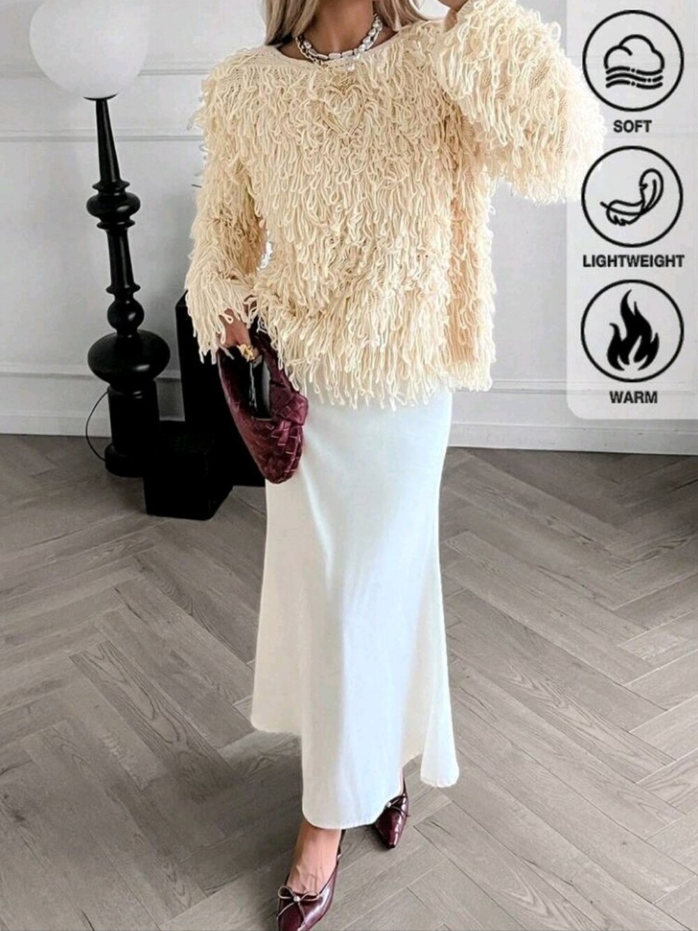 Women's Light Beige Crew Neck Long Sleeve Pullover Sweater,Japanese Fashion